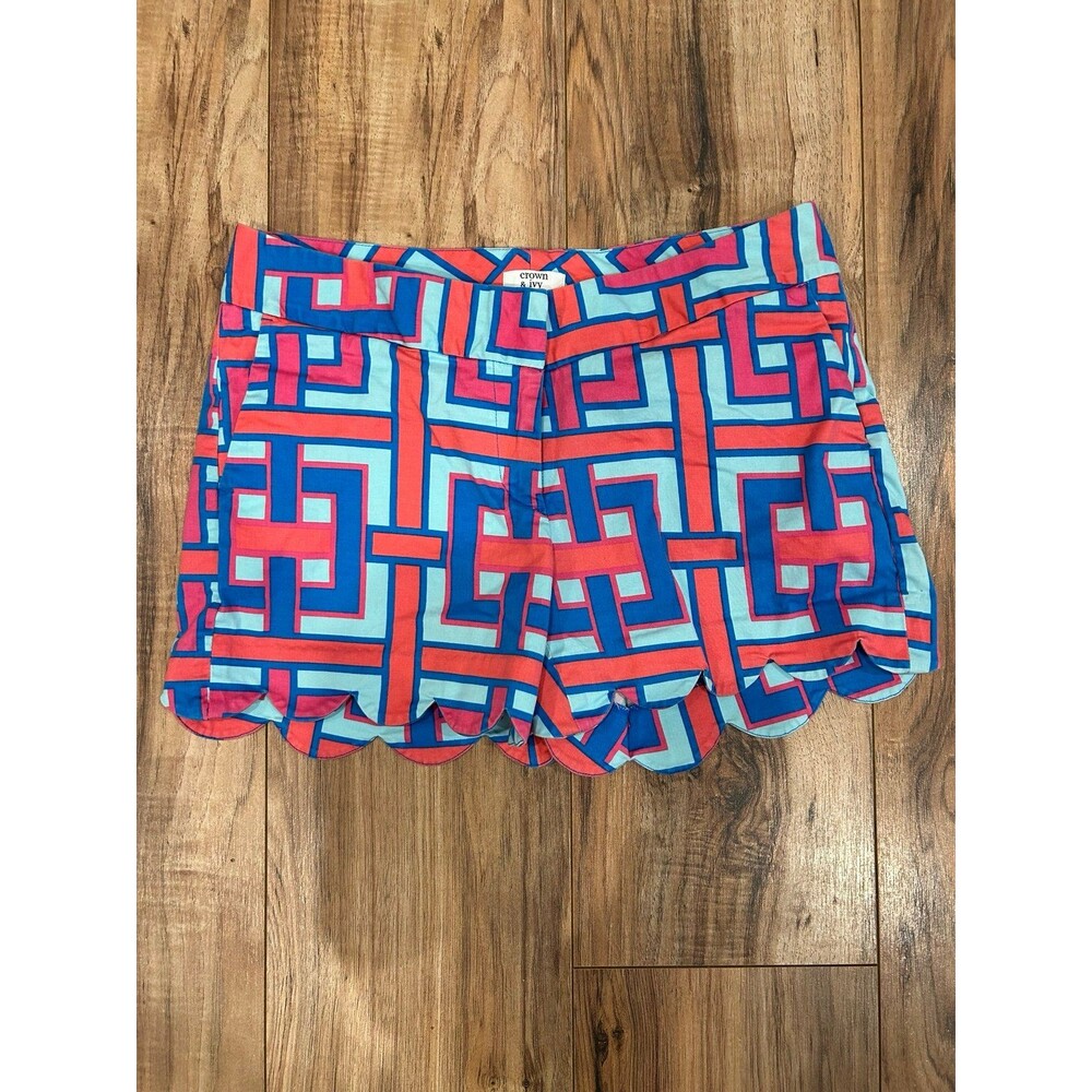 Crown & Ivy Shorts Womens Size 4P Scalloped with Pockets Pink & Blue 3.5 Inseam